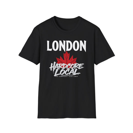 London Hardcore We Support Our Own Red Leaf T-Shirt, c02-n00-s006 Softstyle Graphic Tee, Unisex Casual Wear, Support'n Locals Merch, Gift for Community Lovers.
