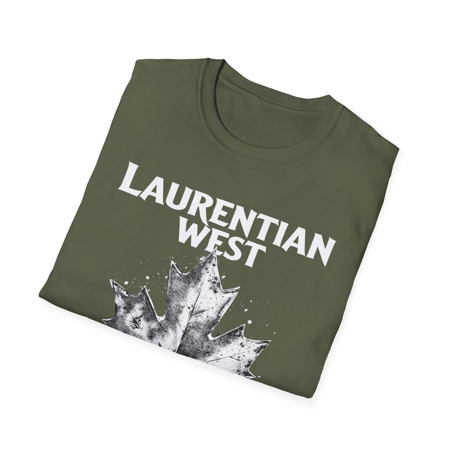Laurentian West Hardcore Rep'n White Leaf T-Shirt, c003-n07-s007 Softstyle Graphic Tee, Unisex Casual Wear, Support'n Locals Merch, Gift for Community Lovers.