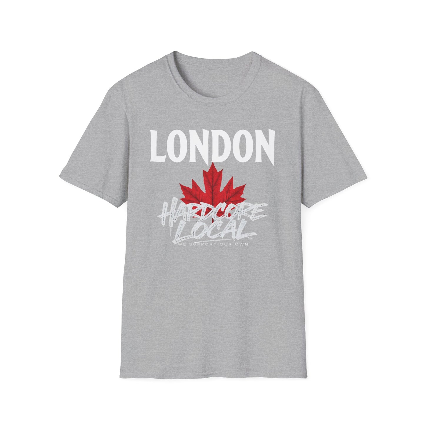 London Hardcore We Support Our Own Red Leaf T-Shirt, c02-n00-s006 Softstyle Graphic Tee, Unisex Casual Wear, Support'n Locals Merch, Gift for Community Lovers.