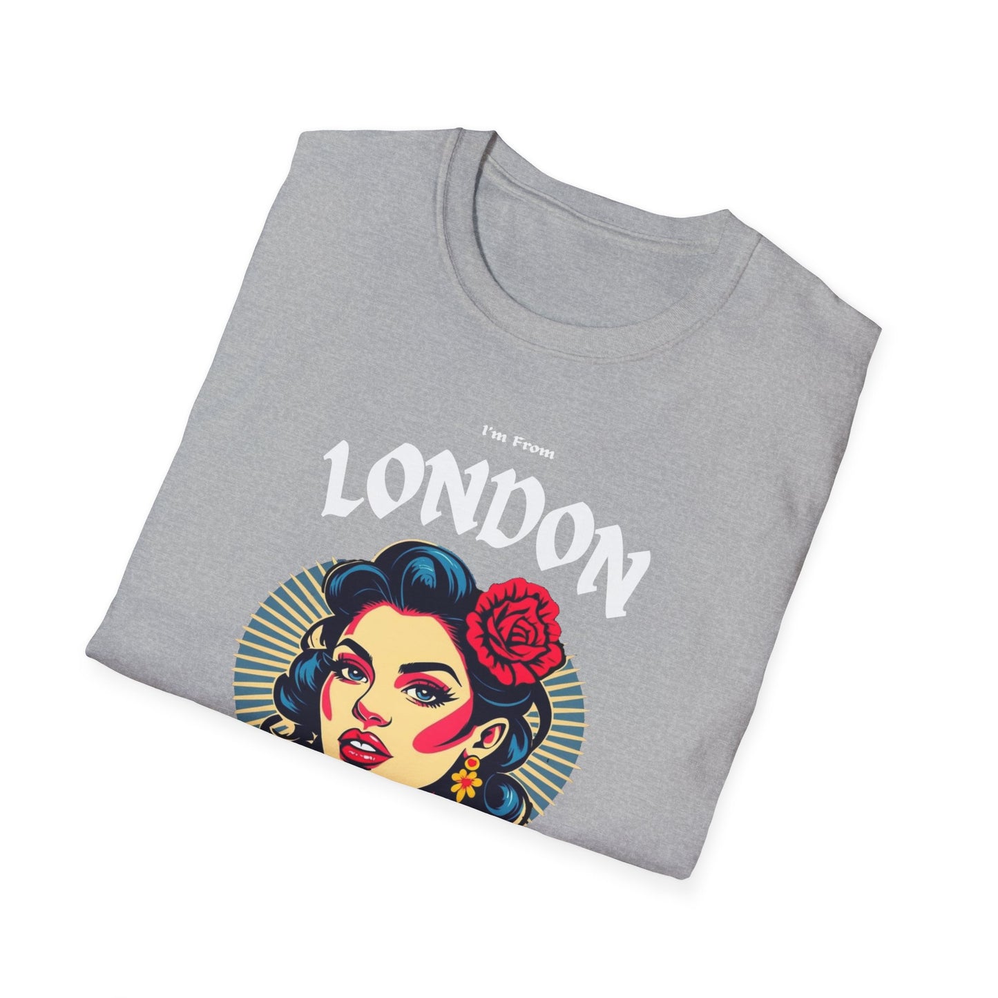 London Underestimate Gal T-Shirt, c002-n00-s001 Softstyle Graphic Tee, Unisex Casual Wear, Support'n Locals Merch, Gift for Community Lovers.