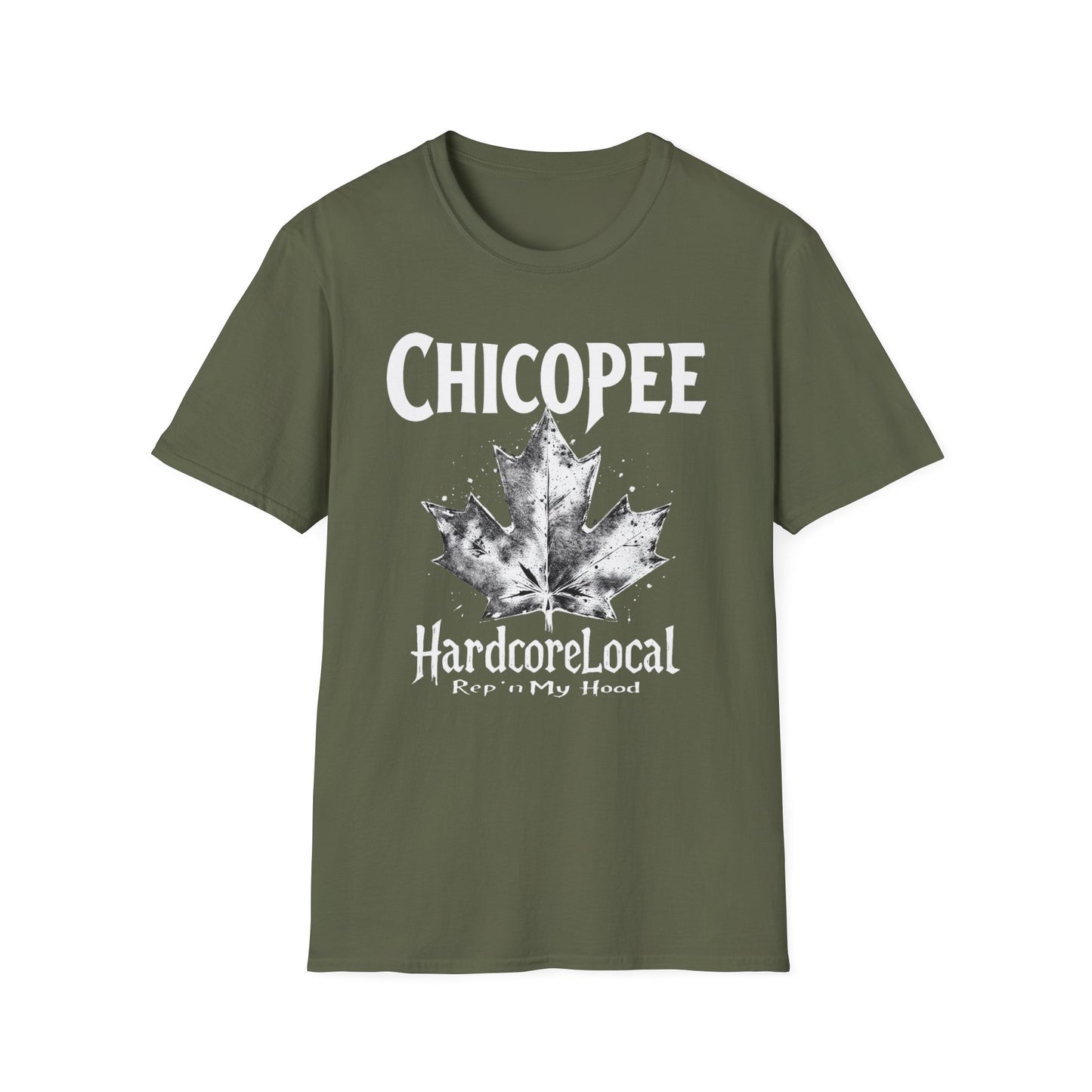 Chicopee Hardcore Rep'n White Leaf T-Shirt, c03-n01-s007 Softstyle Graphic Tee, Unisex Casual Wear, Support'n Locals Merch, Gift for Community Lovers.
