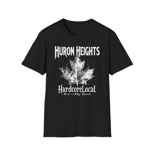 Huron Heights Hardcore Rep'n White Leaf T-Shirt, c002-n06-s007 Softstyle Graphic Tee, Unisex Casual Wear, Support'n Locals Merch, Gift for Community Lovers.
