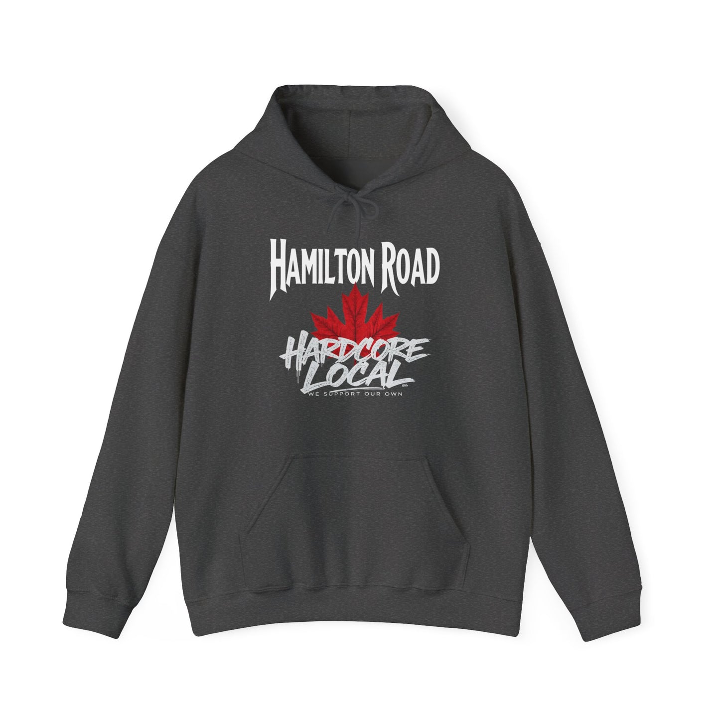 Hamilton Road HARDCORE LOCAL red leaf, Hooded Sweatshirt - c02-n04-hs006 Unisex Heavy Blend™ Pullover, Casual Hoodie for Every Day, Gift for Friends, Support'n Locals -Local Pride Apparel Support Your Community