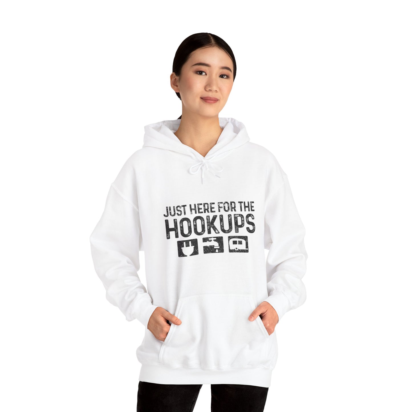 Here For The Hookups Hoodie | HappyCamperCrew.Com 100% Authentic | Cozy Camping Hoodie | Unisex Hooded Sweatshirt for Nature Lovers, Casual Wear, Gift for Him/Her, Outdoor Adventures, Cozy Days & Warm Nights by the Campfire