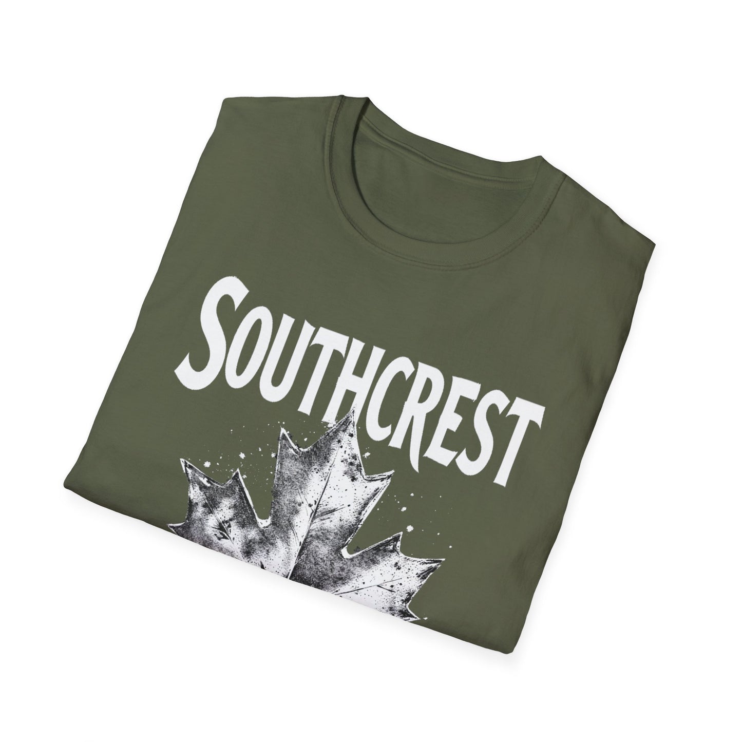 Southcrest Hardcore Rep'n White Leaf T-Shirt, c02-n07-s007 Softstyle Graphic Tee, Unisex Casual Wear, Support'n Locals Merch, Gift for Community Lovers.