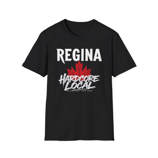 Regina Hardcore We Support Our Own Red Leaf T-Shirt, c10-n00-s006 Softstyle Graphic Tee, Unisex Casual Wear, Support'n Locals Merch, Gift for Community Lovers.