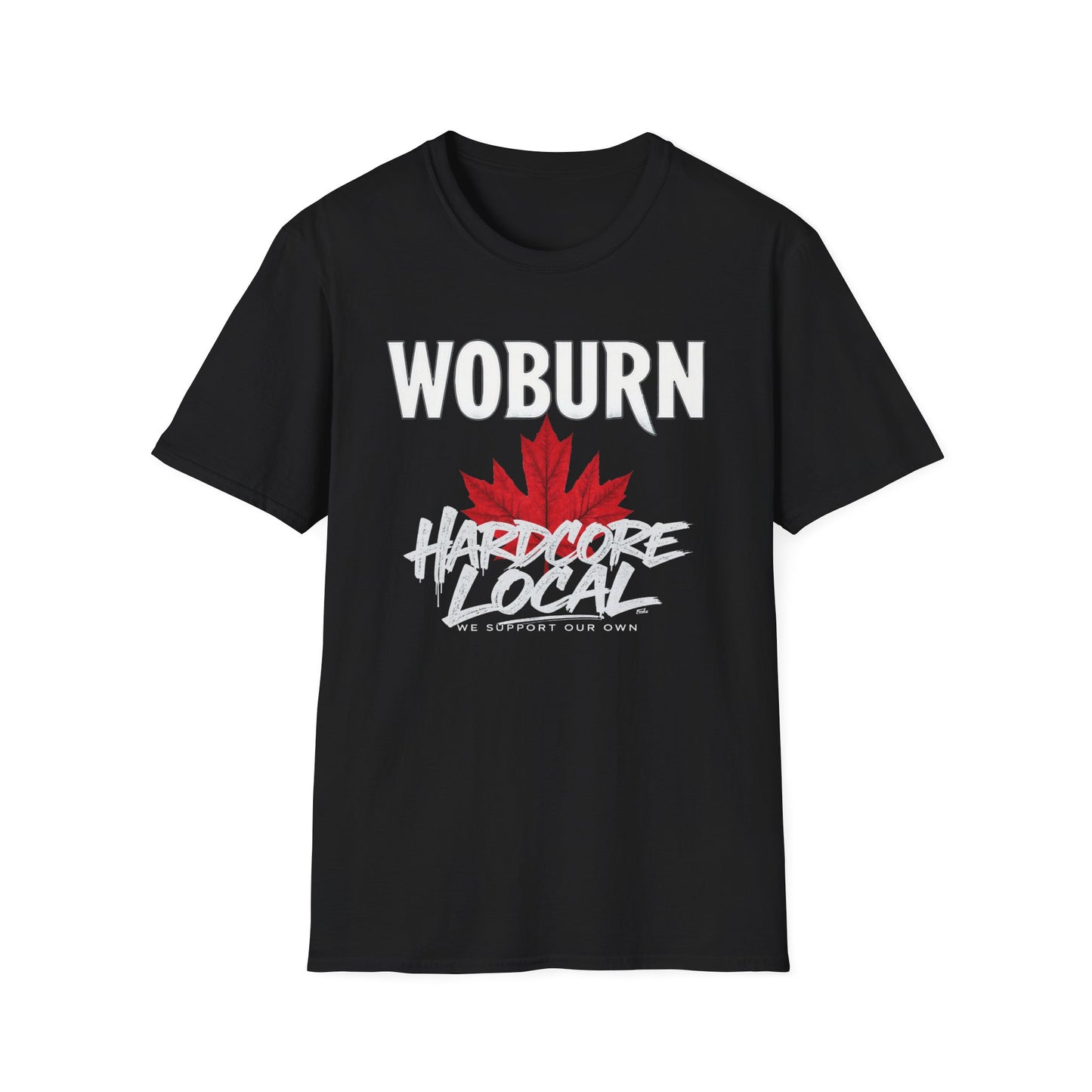 Woburn Hardcore We Support Our Own Red Leaf T-Shirt, c06-n06-s006 Softstyle Graphic Tee, Unisex Casual Wear, Support'n Locals Merch, Gift for Community Lovers.