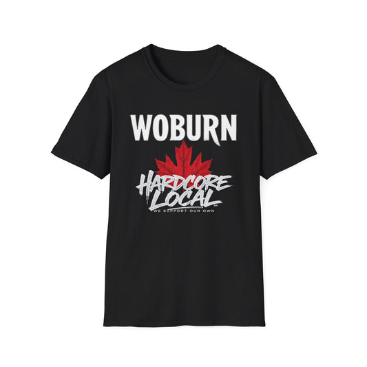 Woburn Hardcore We Support Our Own Red Leaf T-Shirt, c06-n06-s006 Softstyle Graphic Tee, Unisex Casual Wear, Support'n Locals Merch, Gift for Community Lovers.