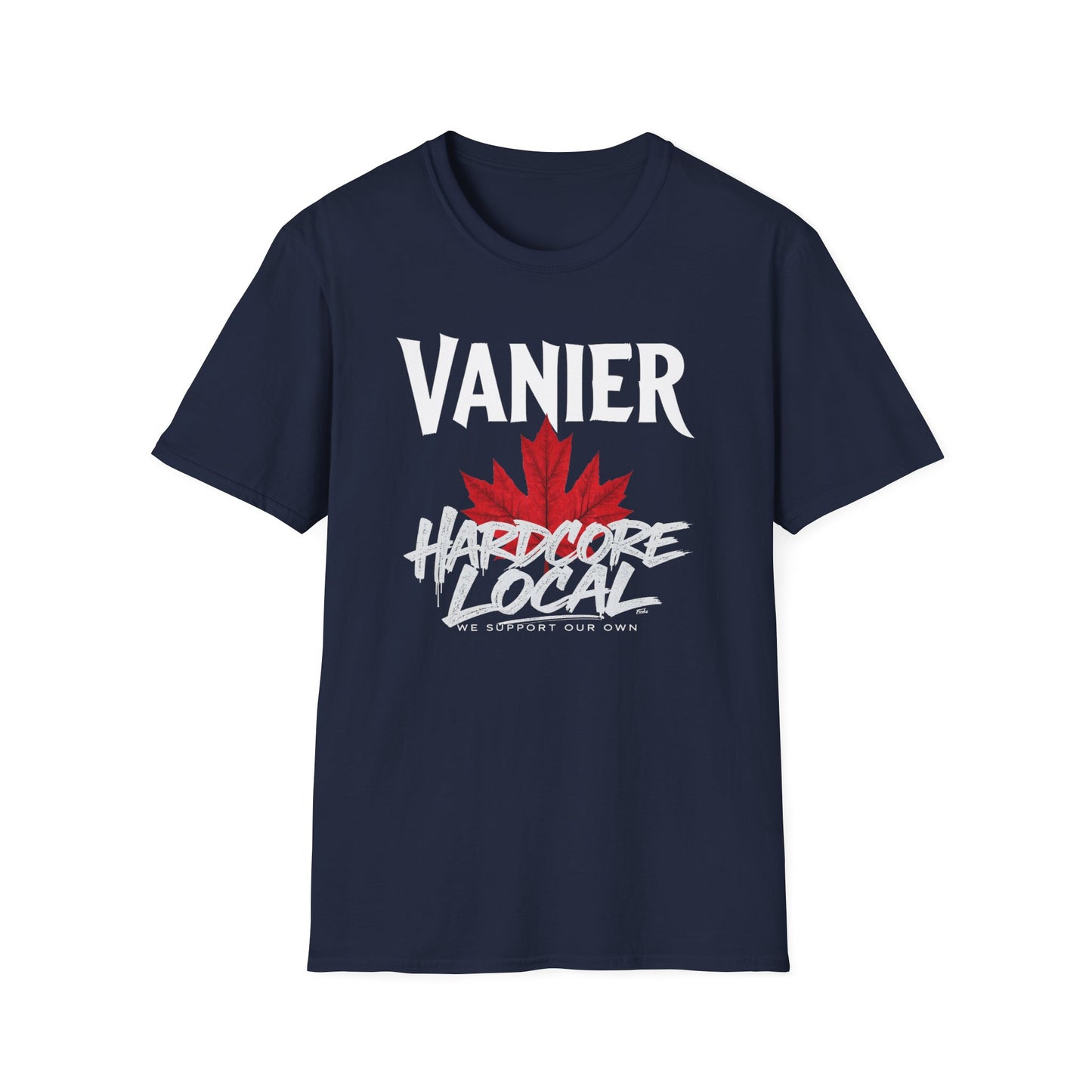 Vanier Hardcore We Support Our Own Red Leaf T-Shirt, c03-n09-s006 Softstyle Graphic Tee, Unisex Casual Wear, Support'n Locals Merch, Gift for Community Lovers.