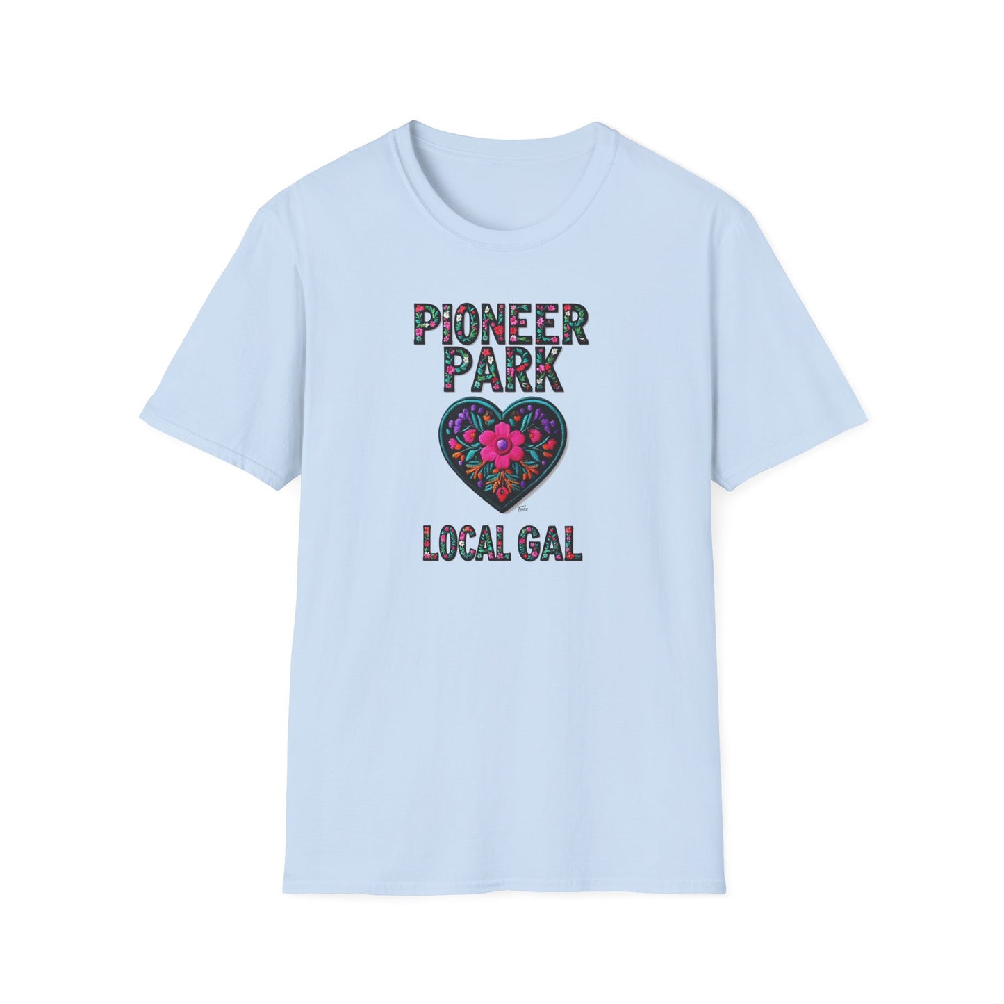 Pioneer Park Local Gal Flower-Heart T-Shirt, c03-n08-s05  Softstyle Graphic Tee, Unisex Casual Wear, Support Local Merch, Gift for Community Lovers, Finkz WINDSOR