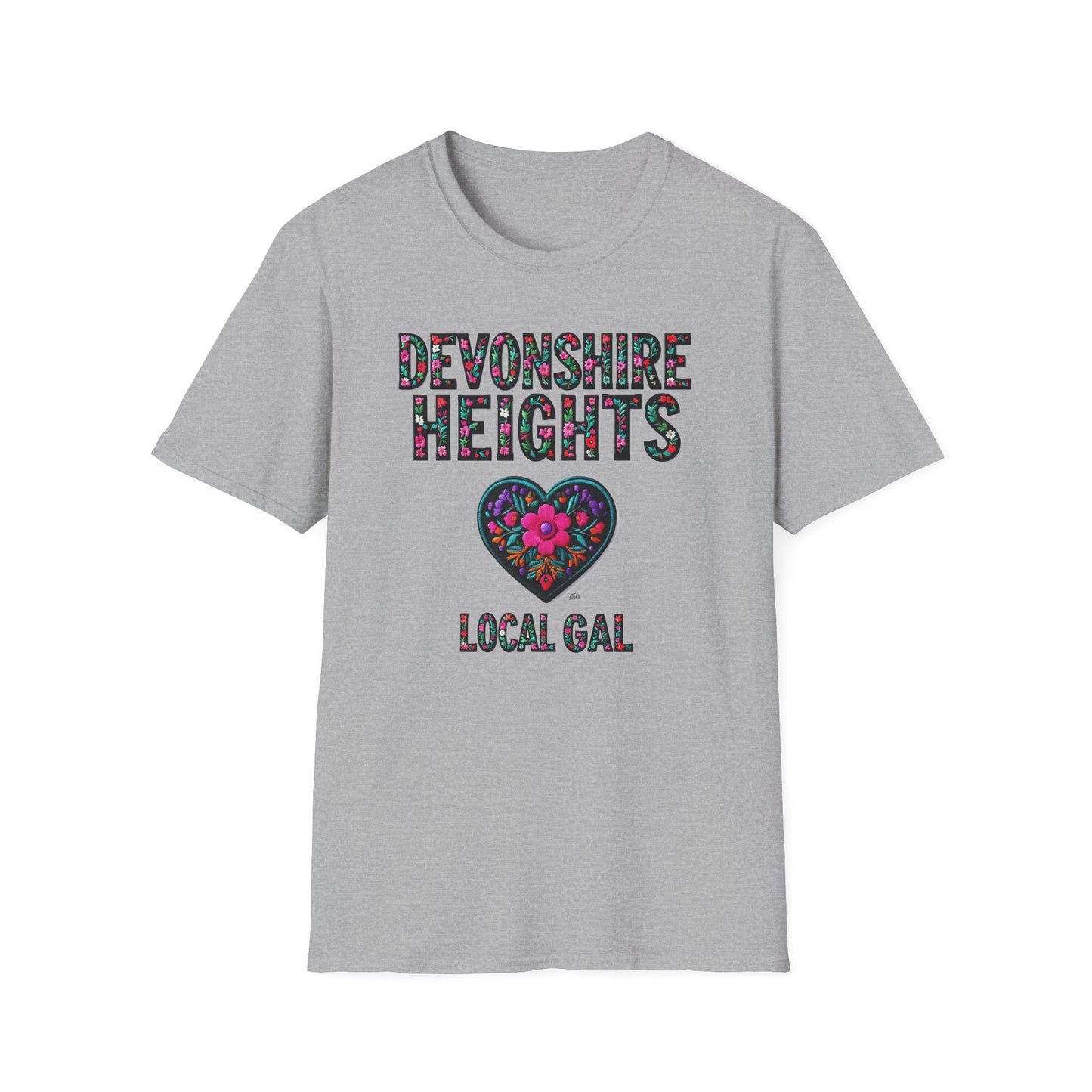 DEVONSHIRE HEIGHTS Local Gal Flower-Heart T-Shirt, 3 Softstyle Graphic Tee, Unisex Casual Wear, Support Local Merch, Gift for Community Lovers, Finkz WINDSOR