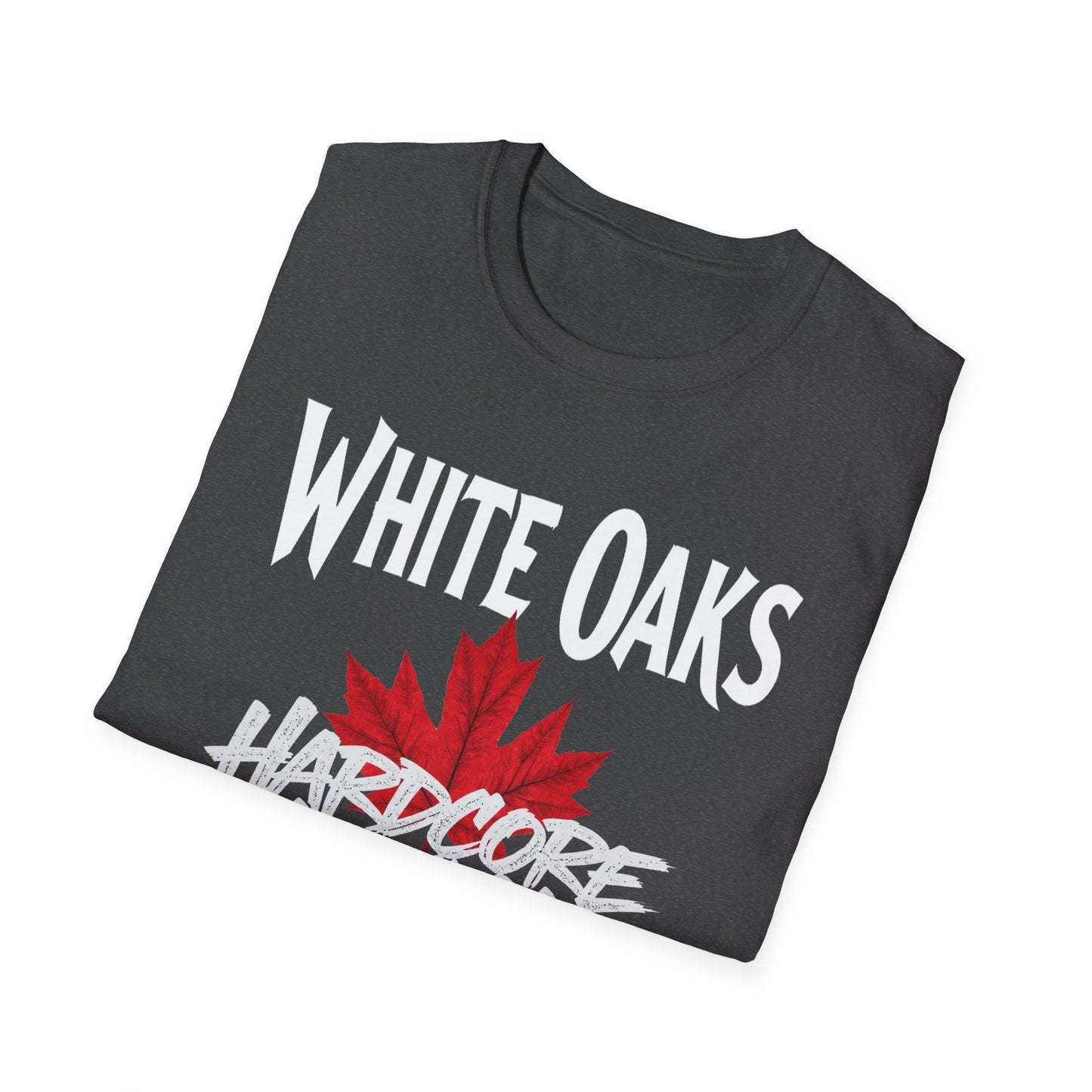 White Oaks Hardcore We Support Our Own Red Leaf T-Shirt, c02-n09-s006 Softstyle Graphic Tee, Unisex Casual Wear, Support'n Locals Merch, Gift for Community Lovers.