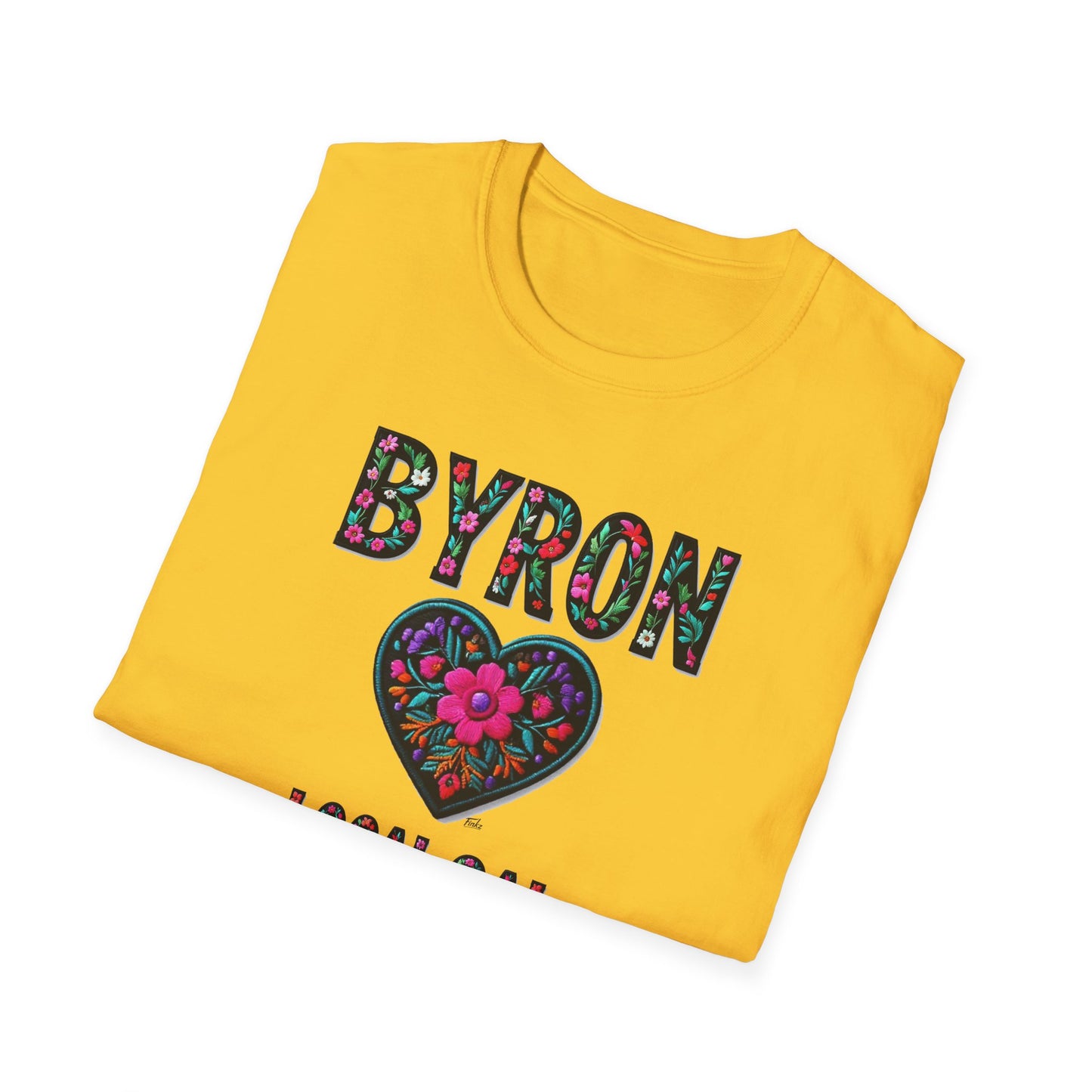Byron Local Gal Flower-Heart T-Shirt, c02-n02-s05  Softstyle Graphic Tee, Unisex Casual Wear, Support Local Merch, Gift for Community Lovers, Finkz WINDSOR
