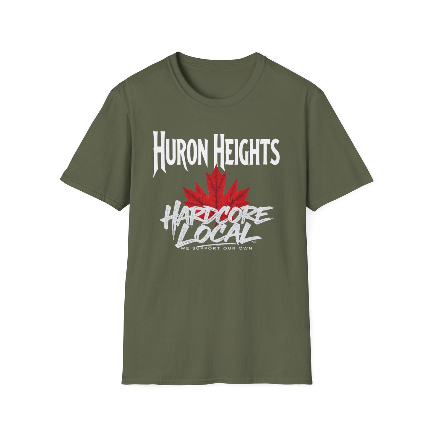 Huron Heights Hardcore We Support Our Own Red Leaf T-Shirt, c02-n06-s006 Softstyle Graphic Tee, Unisex Casual Wear, Support'n Locals Merch, Gift for Community Lovers.
