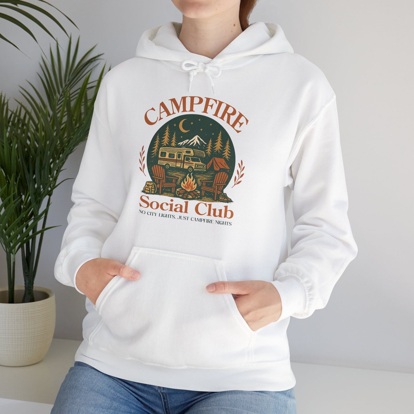 Campfire Social Club Hoodie | HappyCamperCrew.Com 100% Authentic | Cozy Camping Hoodie | Unisex Hooded Sweatshirt for Nature Lovers, Casual Wear, Gift for Him/Her, Outdoor Adventures, Cozy Days & Warm Nights By The Campfire