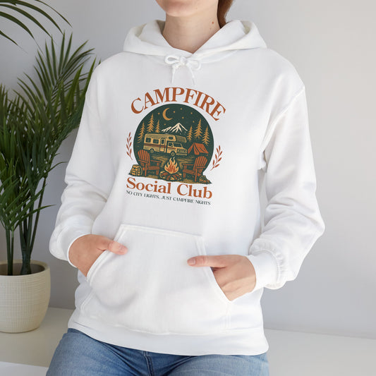 Campfire Social Club Hoodie | HappyCamperCrew.Com 100% Authentic | Cozy Camping Hoodie | Unisex Hooded Sweatshirt for Nature Lovers, Casual Wear, Gift for Him/Her, Outdoor Adventures, Cozy Days & Warm Nights By The Campfire