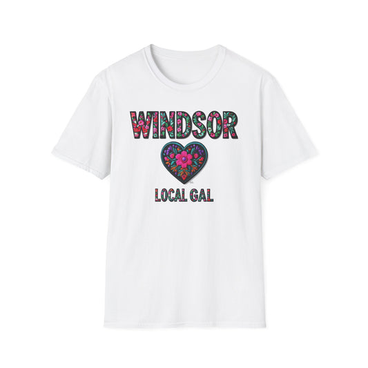 WINDSOR Local Gal Flower-Heart T-Shirt, c01-n00-s005 Softstyle Graphic Tee, Unisex Casual Wear, Support Local Merch, Gift for Community Lovers, Finkz WINDSOR