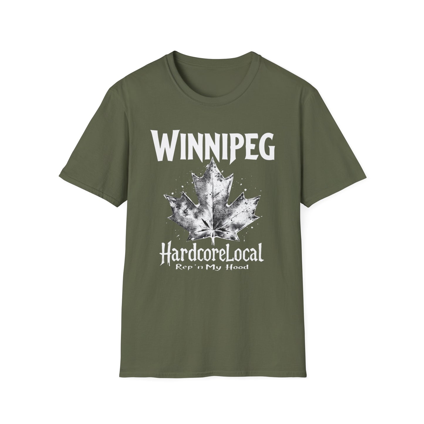 Winnipeg Hardcore Rep'n White Leaf T-Shirt, c009-n00-s007 Softstyle Graphic Tee, Unisex Casual Wear, Support'n Locals Merch, Gift for Community Lovers.