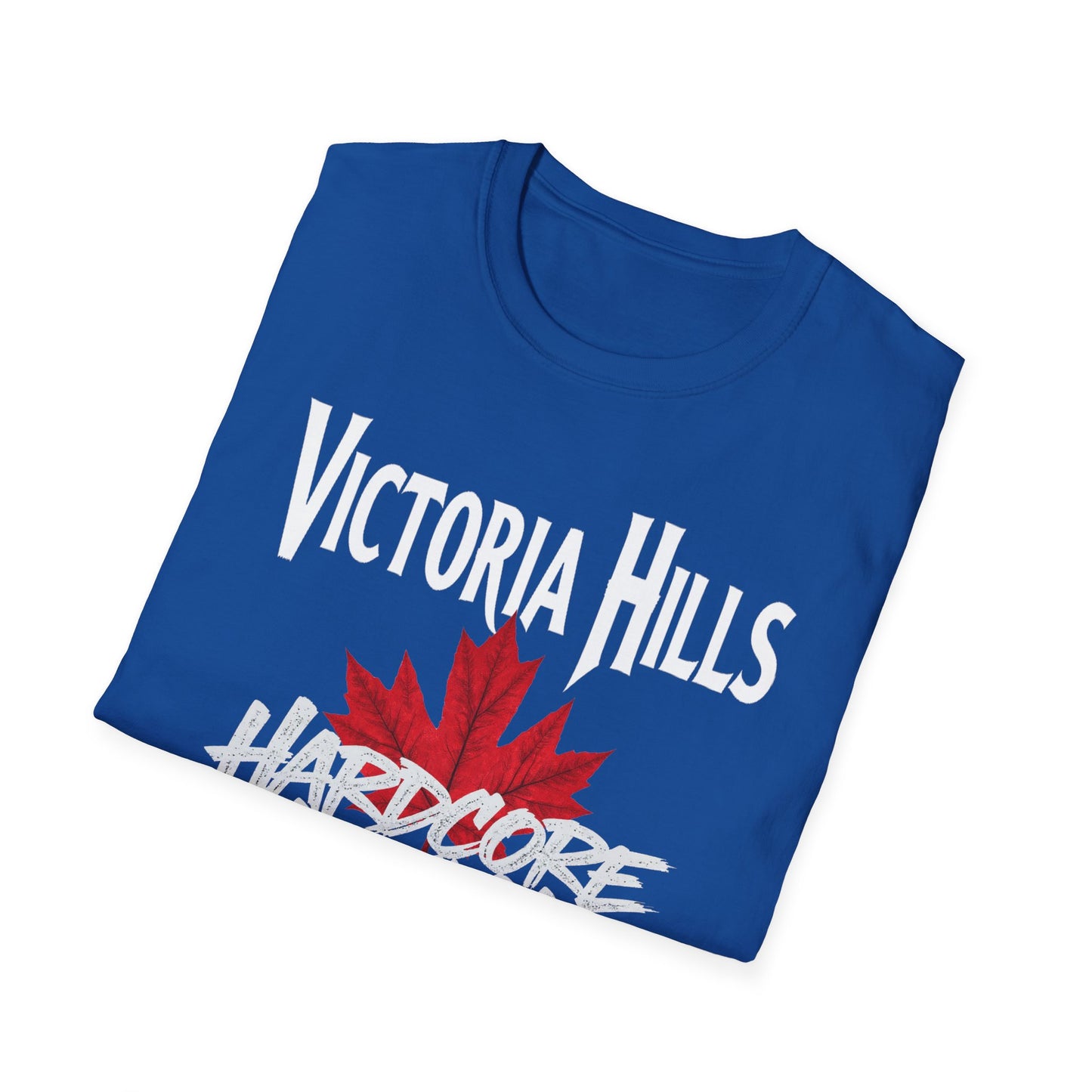 Victoria Hills Hardcore We Support Our Own Red Leaf T-Shirt, c03-n10-s006 Softstyle Graphic Tee, Unisex Casual Wear, Support'n Locals Merch, Gift for Community Lovers.
