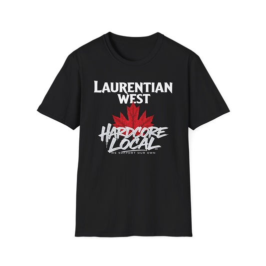 Laurentian West Hardcore We Support Our Own Red Leaf T-Shirt, c03-n07-s006 Softstyle Graphic Tee, Unisex Casual Wear, Support'n Locals Merch, Gift for Community Lovers.