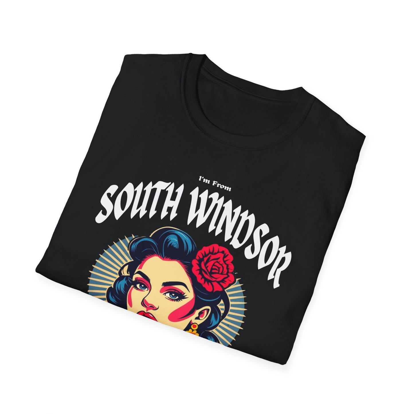 South Windsor Underestimate Gal T-Shirt, c01-n03-s001 Softstyle Graphic Tee, Unisex Casual Wear, Support'n Locals Merch, Gift for Community Lovers.