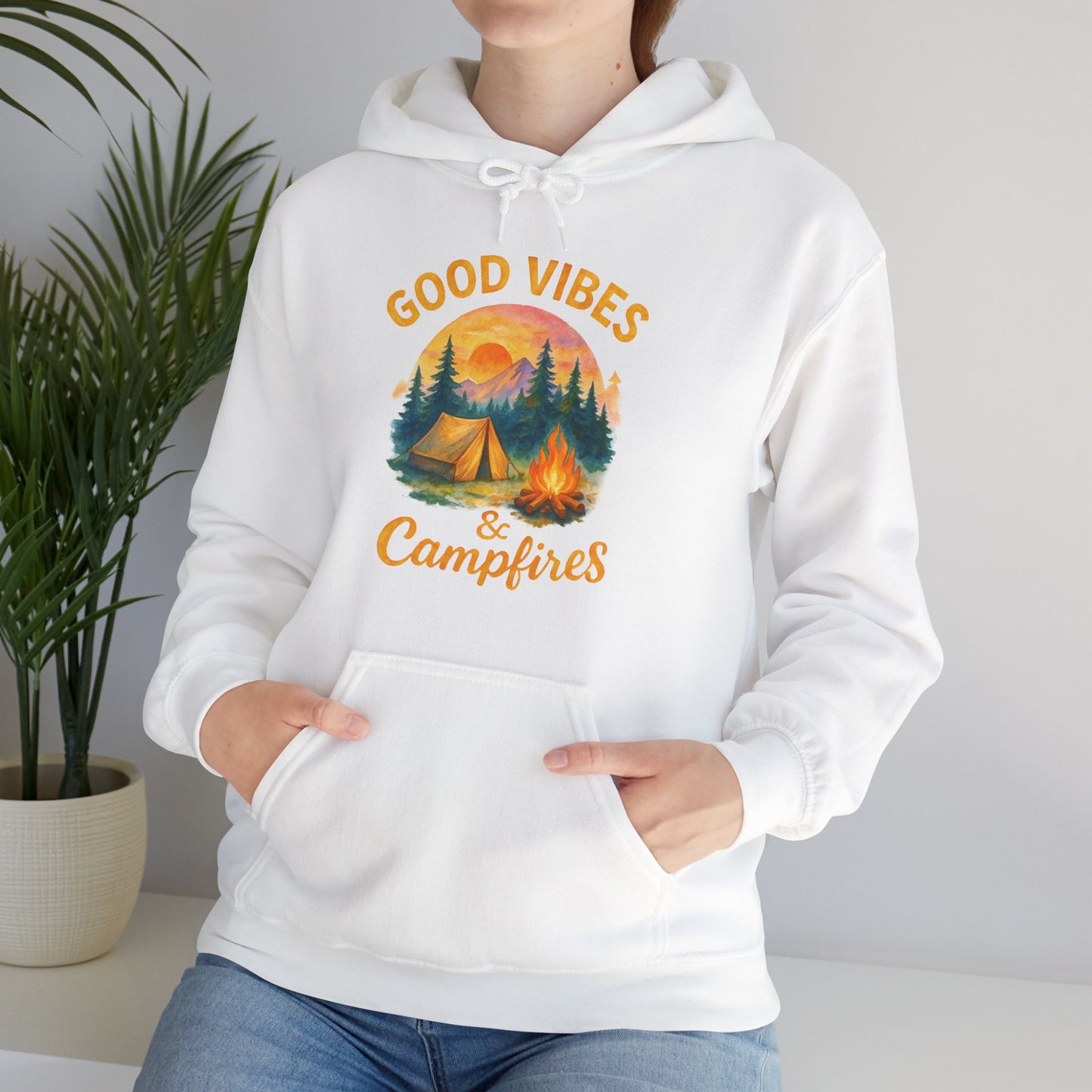 Good Vibes and Campfires Hoodie | HappyCamperCrew.Com 100% Authentic | Cozy Camping Hoodie | Unisex Hooded Sweatshirt for Nature Lovers, Casual Wear, Gift for Him/Her, Outdoor Adventures, Cozy Days & Warm Nights by the Campfire
