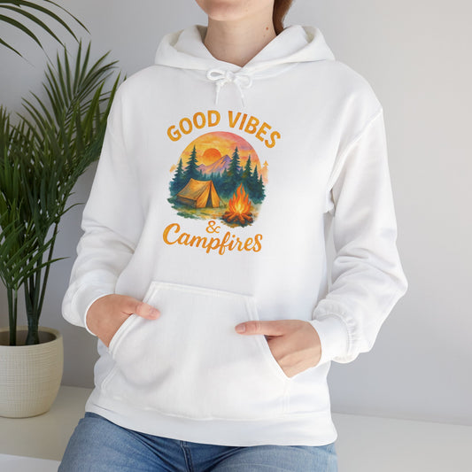 Good Vibes and Campfires Hoodie | HappyCamperCrew.Com 100% Authentic | Cozy Camping Hoodie | Unisex Hooded Sweatshirt for Nature Lovers, Casual Wear, Gift for Him/Her, Outdoor Adventures, Cozy Days & Warm Nights by the Campfire
