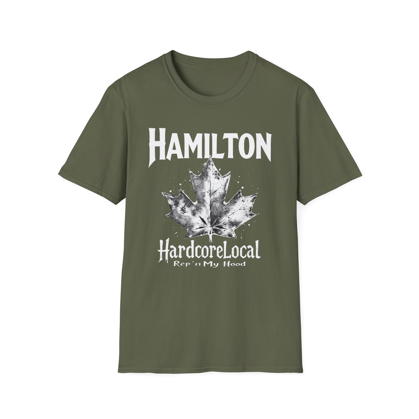 Hamilton Hardcore Rep'n White Leaf T-Shirt, c004-n00-s007 Softstyle Graphic Tee, Unisex Casual Wear, Support'n Locals Merch, Gift for Community Lovers.