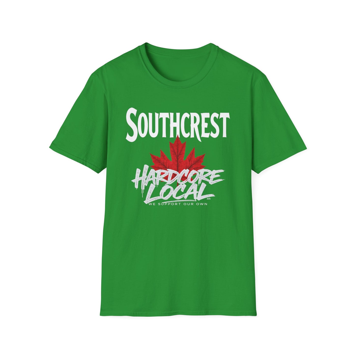 Southcrest Hardcore We Support Our Own Red Leaf T-Shirt, c02-n07-s006 Softstyle Graphic Tee, Unisex Casual Wear, Support'n Locals Merch, Gift for Community Lovers.