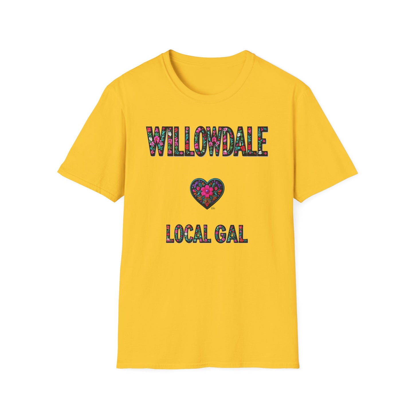 Willowdale Local Gal Flower-Heart T-Shirt, c06-n05-s005 Softstyle Graphic Tee, Unisex Casual Wear, Support Local Merch, Gift for Community Lovers, Finkz WINDSOR