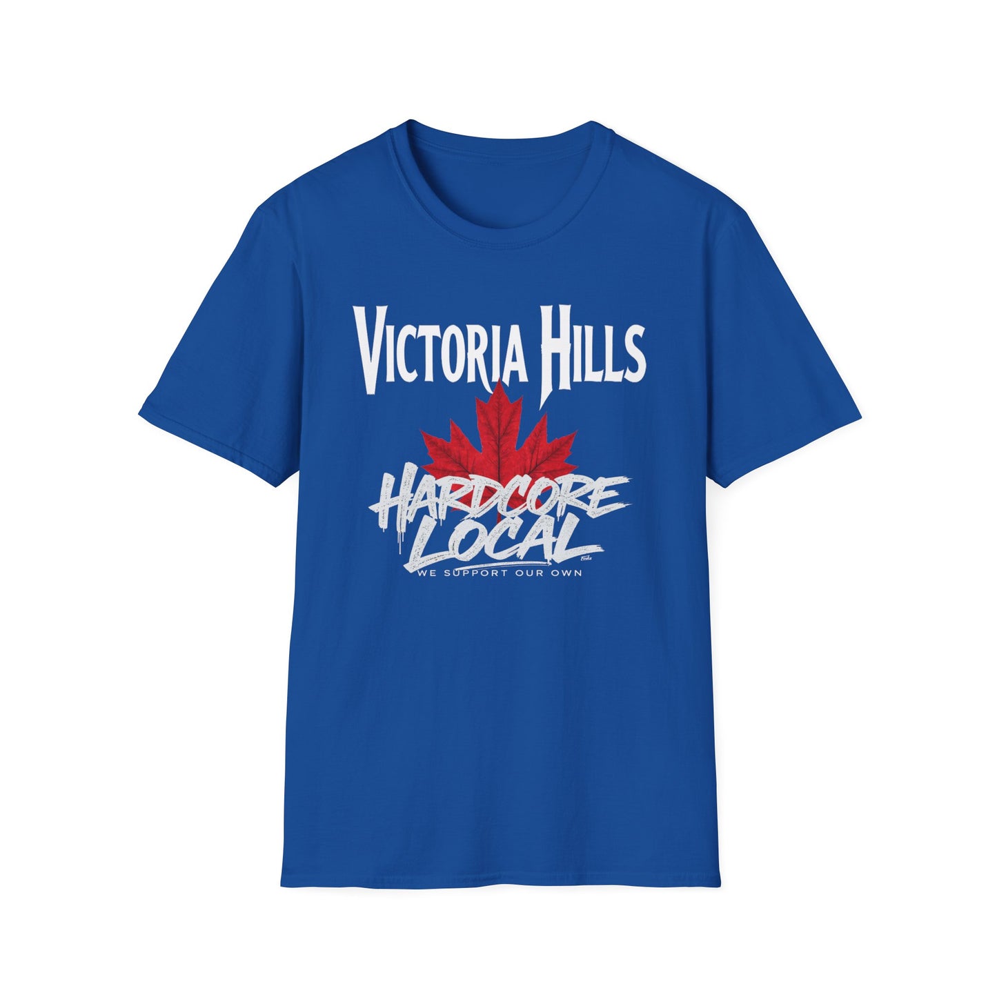 Victoria Hills Hardcore We Support Our Own Red Leaf T-Shirt, c03-n10-s006 Softstyle Graphic Tee, Unisex Casual Wear, Support'n Locals Merch, Gift for Community Lovers.