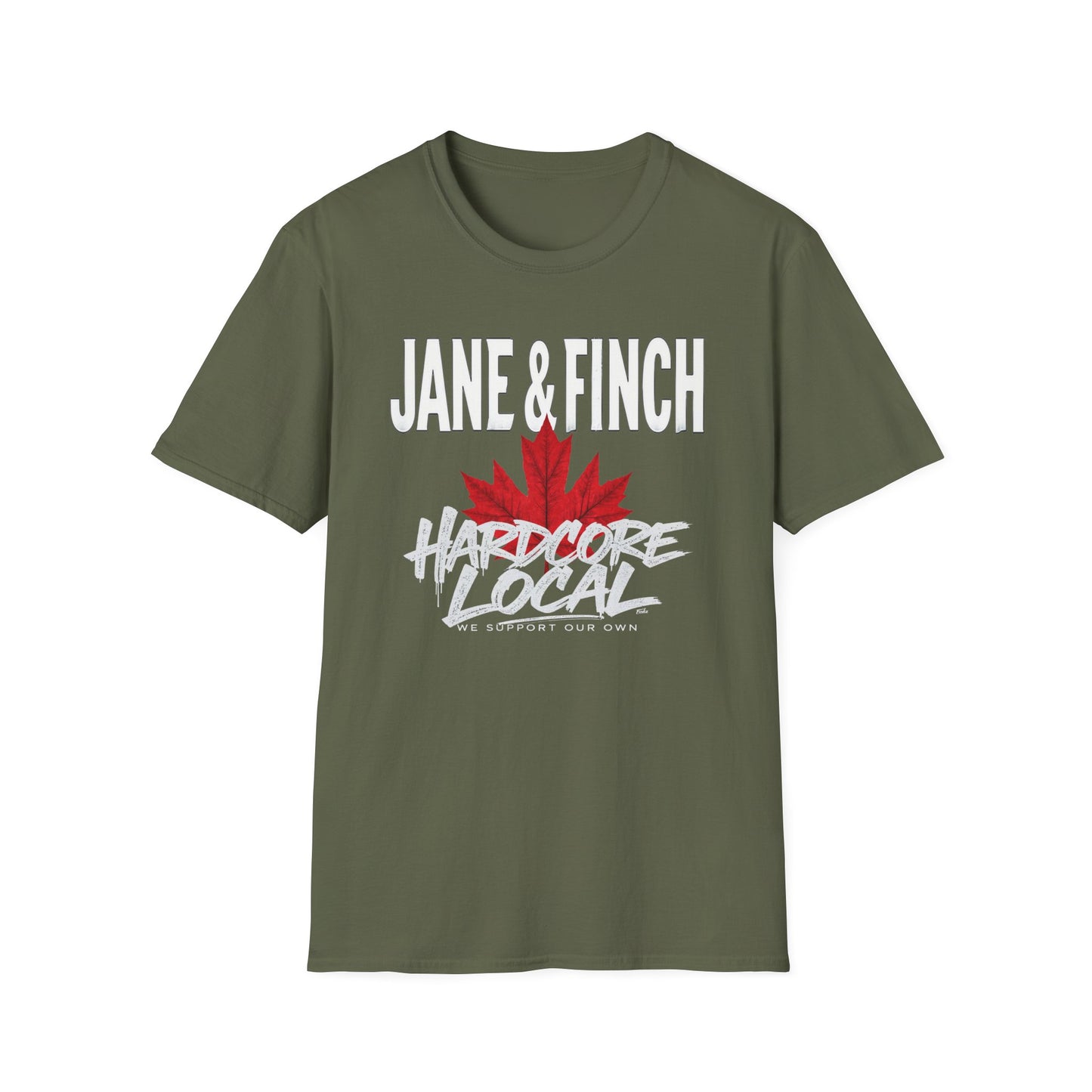 Jane & Finch Hardcore We Support Our Own Red Leaf T-Shirt, c06-n03-s006 Softstyle Graphic Tee, Unisex Casual Wear, Support'n Locals Merch, Gift for Community Lovers.