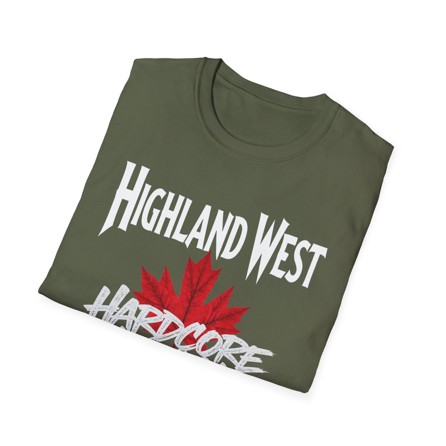 Highland West Hardcore We Support Our Own Red Leaf T-Shirt, c03-n05-s006 Softstyle Graphic Tee, Unisex Casual Wear, Support'n Locals Merch, Gift for Community Lovers.