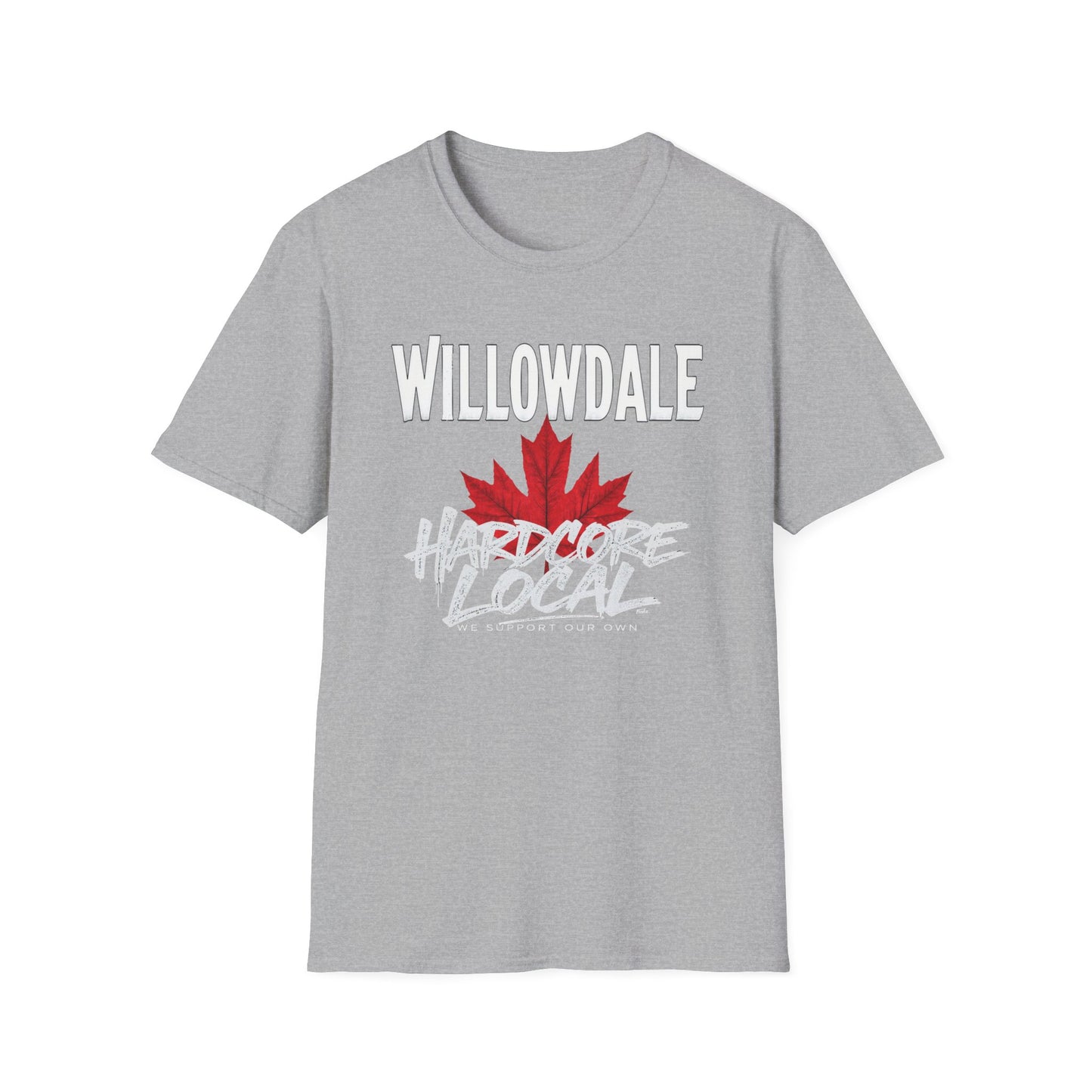 Willowdale Hardcore We Support Our Own Red Leaf T-Shirt, c06-n05-s006 Softstyle Graphic Tee, Unisex Casual Wear, Support'n Locals Merch, Gift for Community Lovers.