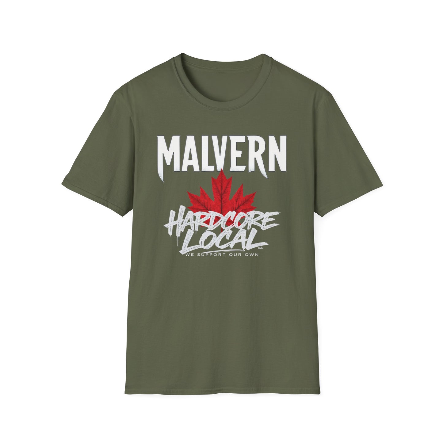 Malvern Hardcore We Support Our Own Red Leaf T-Shirt, c06-n04-s006 Softstyle Graphic Tee, Unisex Casual Wear, Support'n Locals Merch, Gift for Community Lovers.
