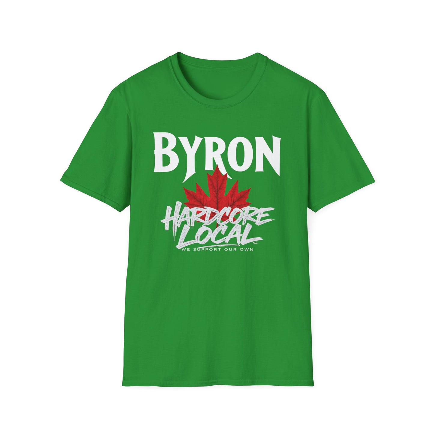 Byron Hardcore We Support Our Own Red Leaf T-Shirt, c02-n02-s006 Softstyle Graphic Tee, Unisex Casual Wear, Support'n Locals Merch, Gift for Community Lovers.