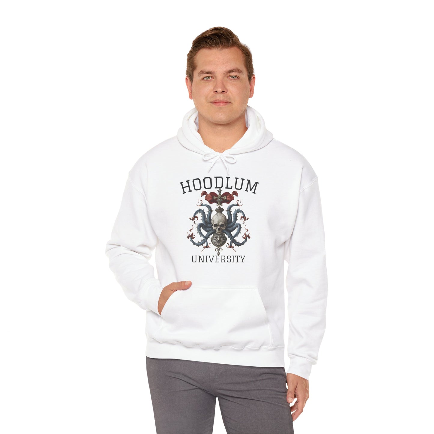 Hoodlum University White Cozy Hoodie Skull | Unisex Sweatshirt for Nature Lovers, Casual Wear, Gift for Him/Her, Outdoor Adventures, Cozy Days Canada Patriotic
