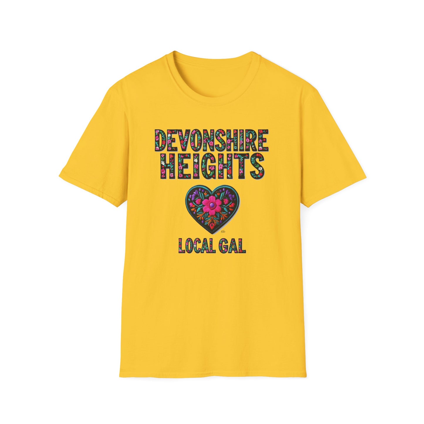 DEVONSHIRE HEIGHTS Local Gal Flower-Heart T-Shirt, 3 Softstyle Graphic Tee, Unisex Casual Wear, Support Local Merch, Gift for Community Lovers, Finkz WINDSOR