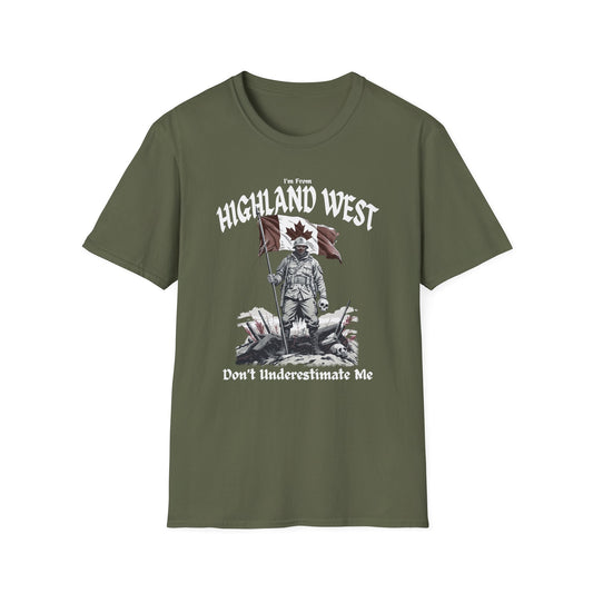Highland West Underestimate Guy T-Shirt, c03-n05-s002 Softstyle Graphic Tee, Unisex Casual Wear, Support'n Locals Merch, Gift for Community Lovers.
