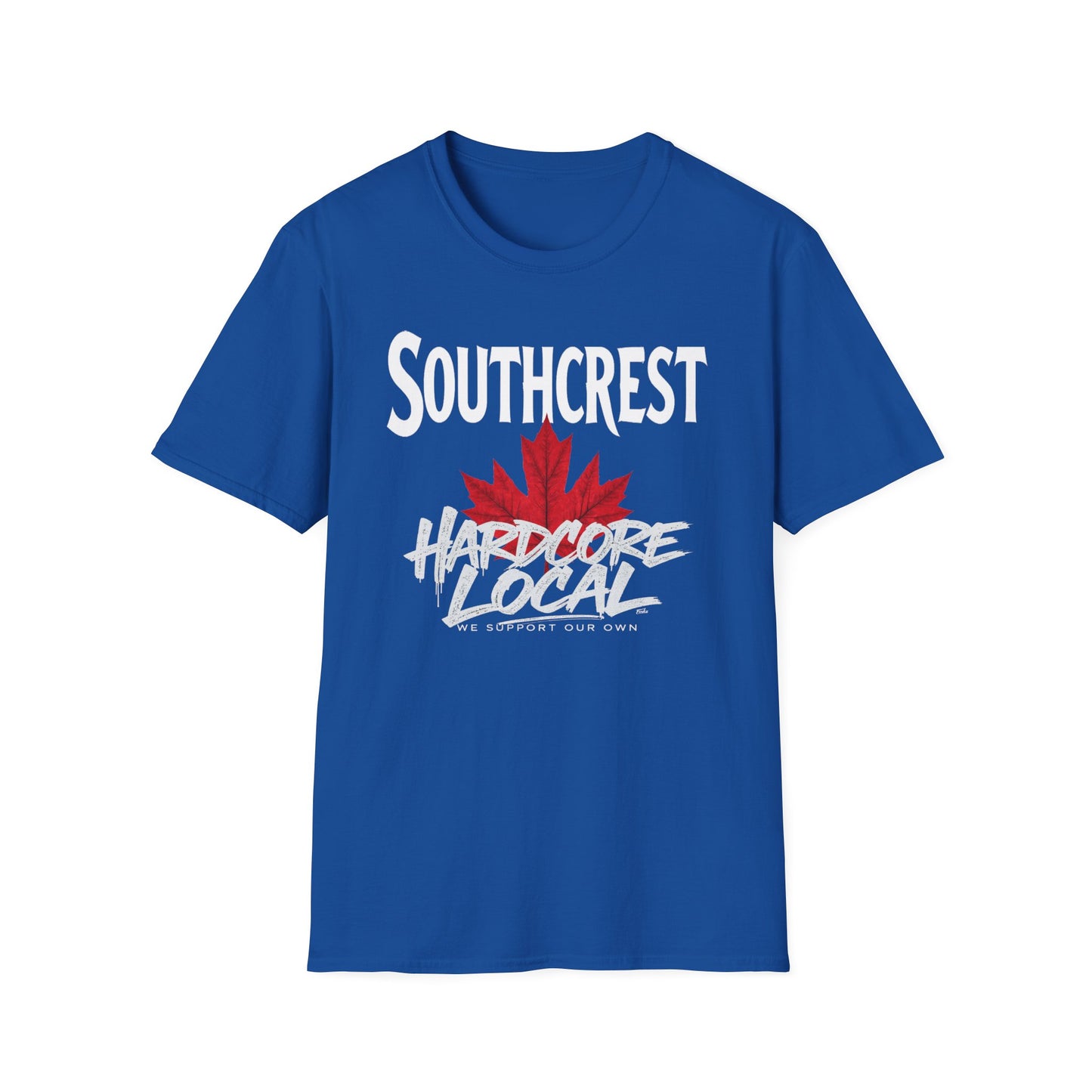 Southcrest Hardcore We Support Our Own Red Leaf T-Shirt, c02-n07-s006 Softstyle Graphic Tee, Unisex Casual Wear, Support'n Locals Merch, Gift for Community Lovers.