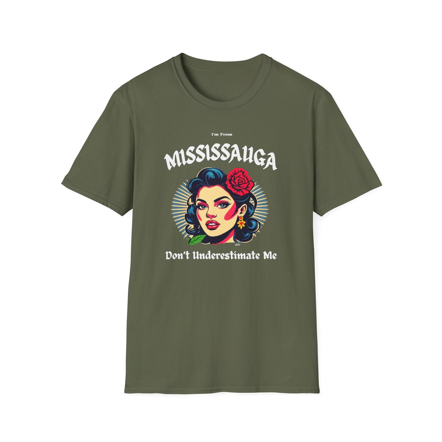 Mississauga Underestimate Gal T-Shirt, c005-n00-s001 Softstyle Graphic Tee, Unisex Casual Wear, Support'n Locals Merch, Gift for Community Lovers.