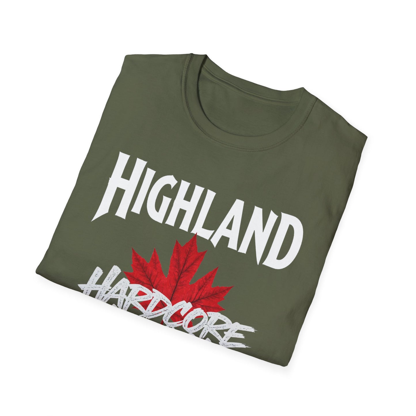 Highland Hardcore We Support Our Own Red Leaf T-Shirt, c02-n05-s006 Softstyle Graphic Tee, Unisex Casual Wear, Support'n Locals Merch, Gift for Community Lovers.