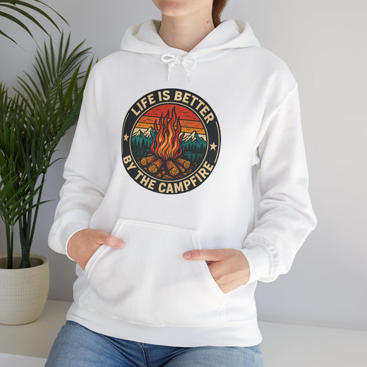 Life Is Better Around The Campfire Hoodie | HappyCamperCrew.Com 100% Authentic | Cozy Camping Hoodie | Unisex Hooded Sweatshirt for Nature Lovers, Casual Wear, Gift for Him/Her, Outdoor Adventures, Cozy Days & Warm Nights by the Campfire