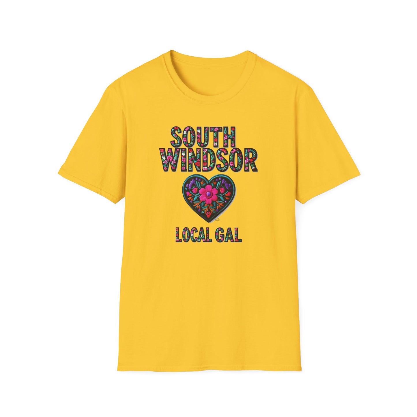 SOUTH WINDSOR Local Gal Flower-Heart T-Shirt, 3 Softstyle Graphic Tee, Unisex Casual Wear, Support Local Merch, Gift for Community Lovers, Finkz WINDSOR