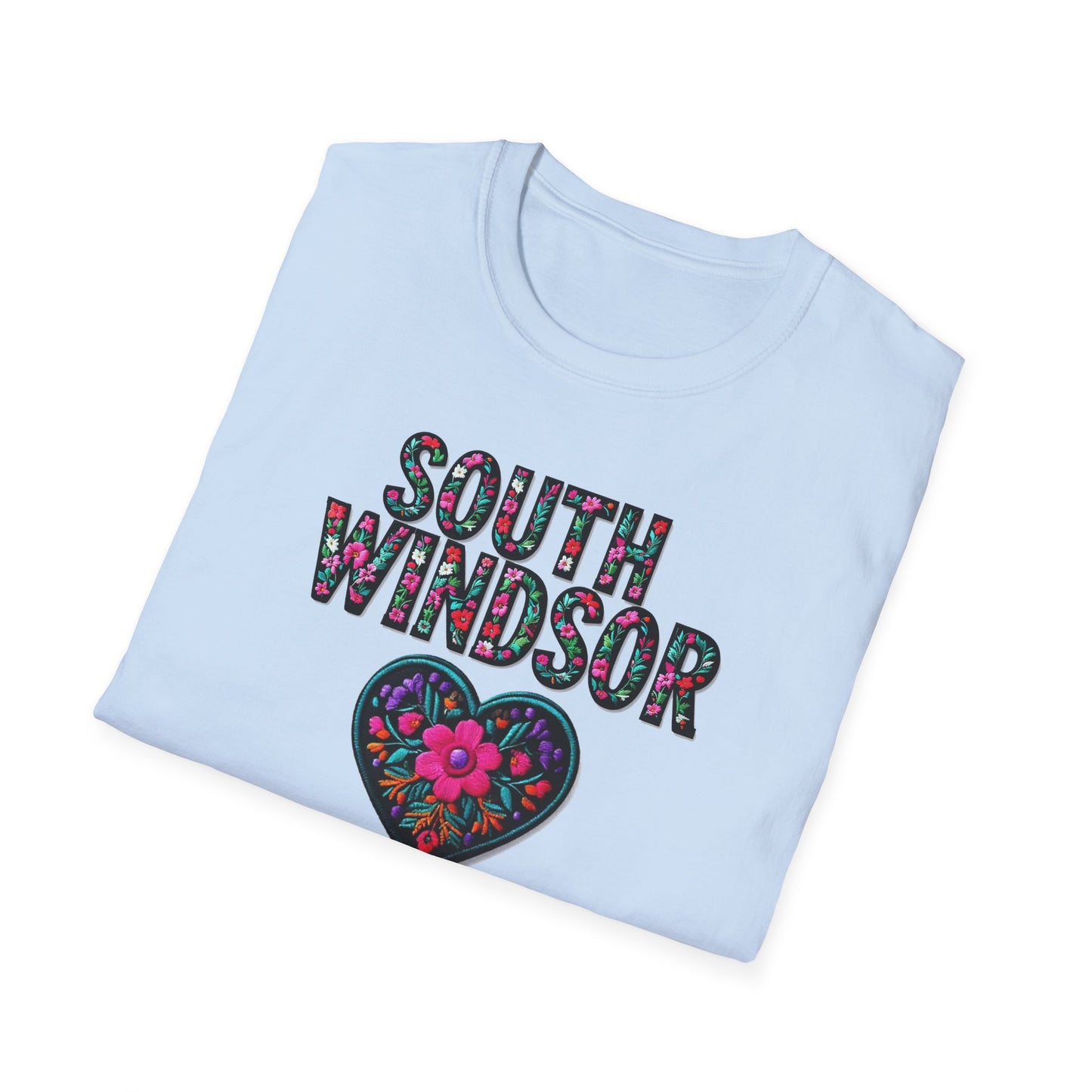 SOUTH WINDSOR Local Gal Flower-Heart T-Shirt, 3 Softstyle Graphic Tee, Unisex Casual Wear, Support Local Merch, Gift for Community Lovers, Finkz WINDSOR
