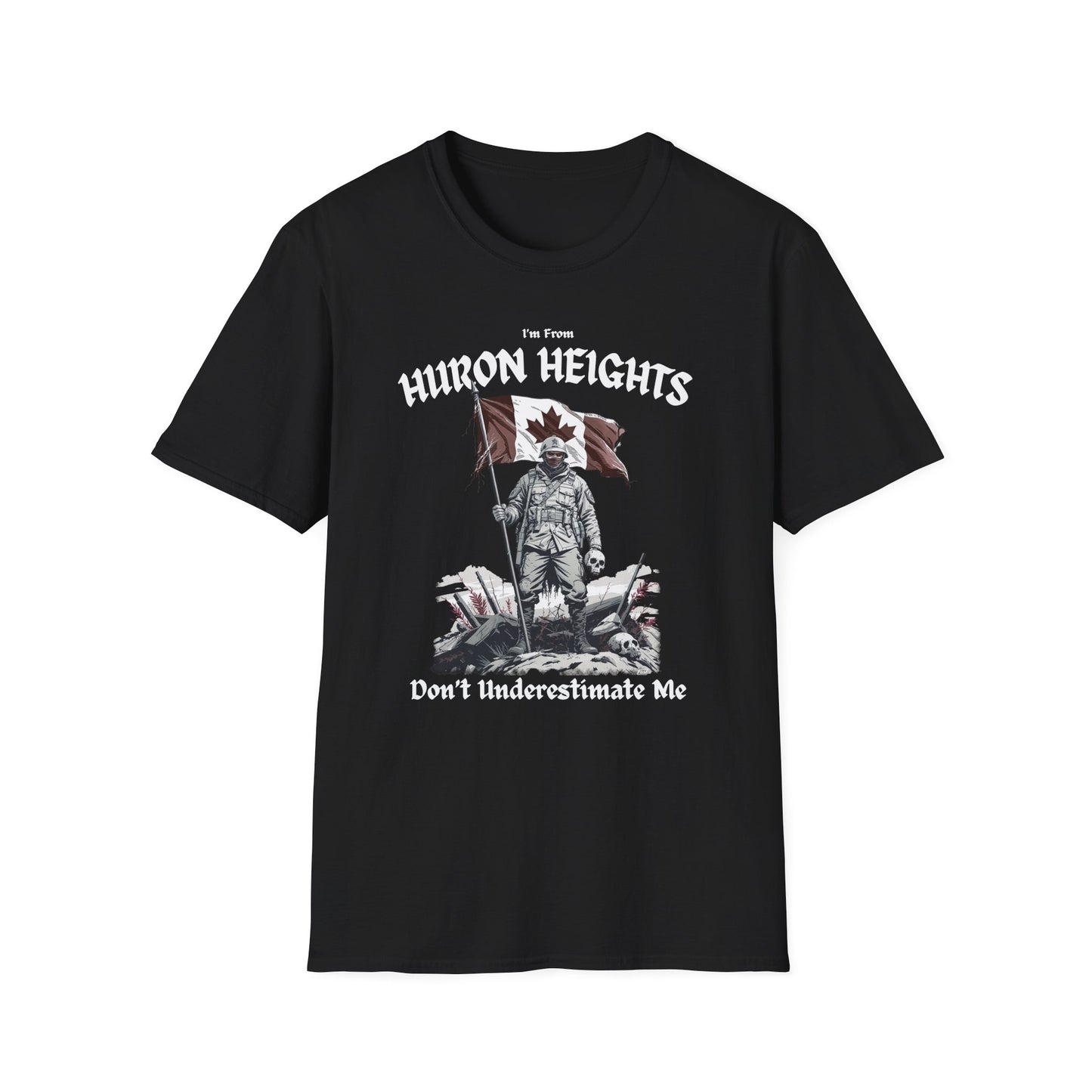 Huron Heights Underestimate Guy T-Shirt, c02-n06-s002 Softstyle Graphic Tee, Unisex Casual Wear, Support'n Locals Merch, Gift for Community Lovers.