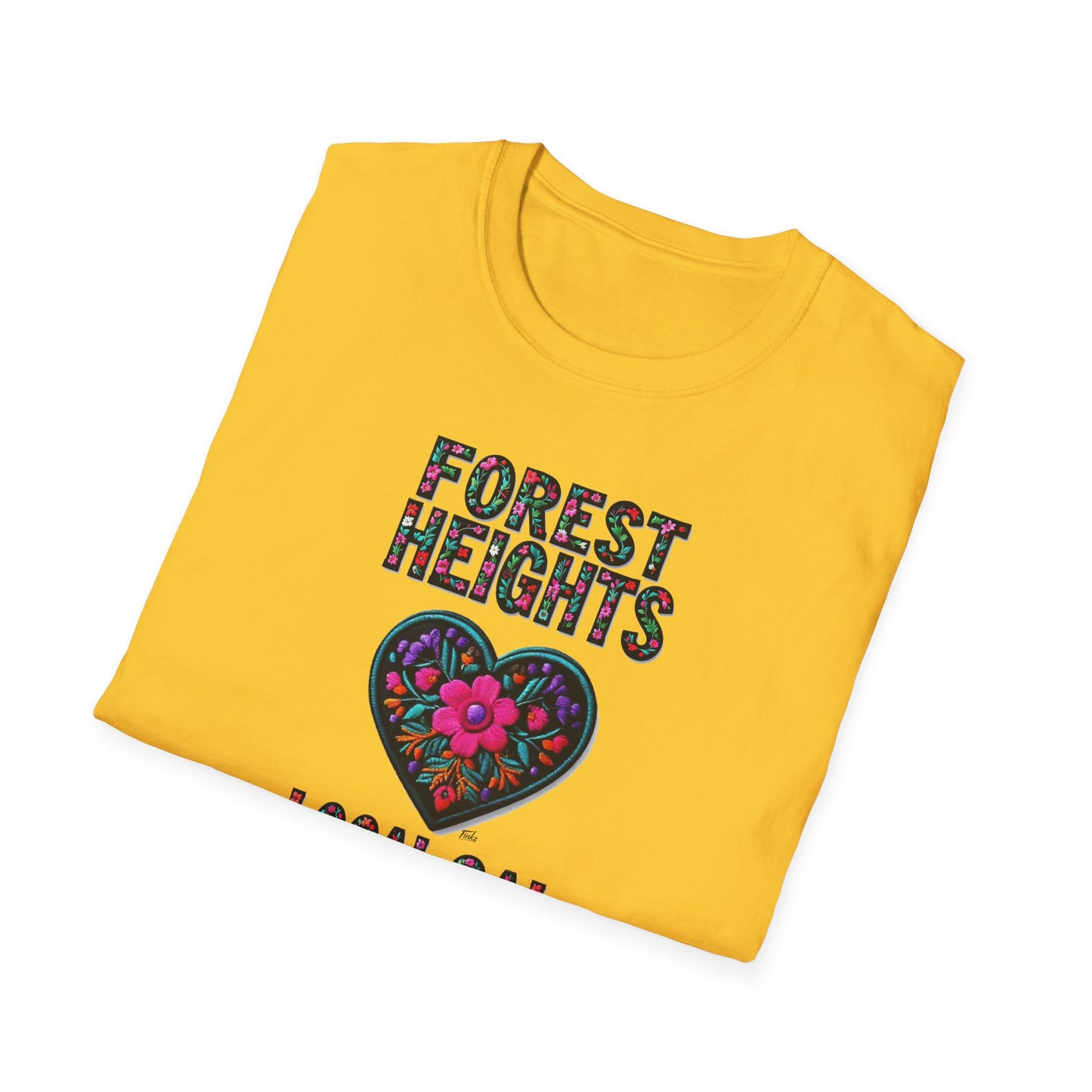 Forest Heights Local Gal Flower-Heart T-Shirt, c03-n03-s05  Softstyle Graphic Tee, Unisex Casual Wear, Support Local Merch, Gift for Community Lovers, Finkz WINDSOR