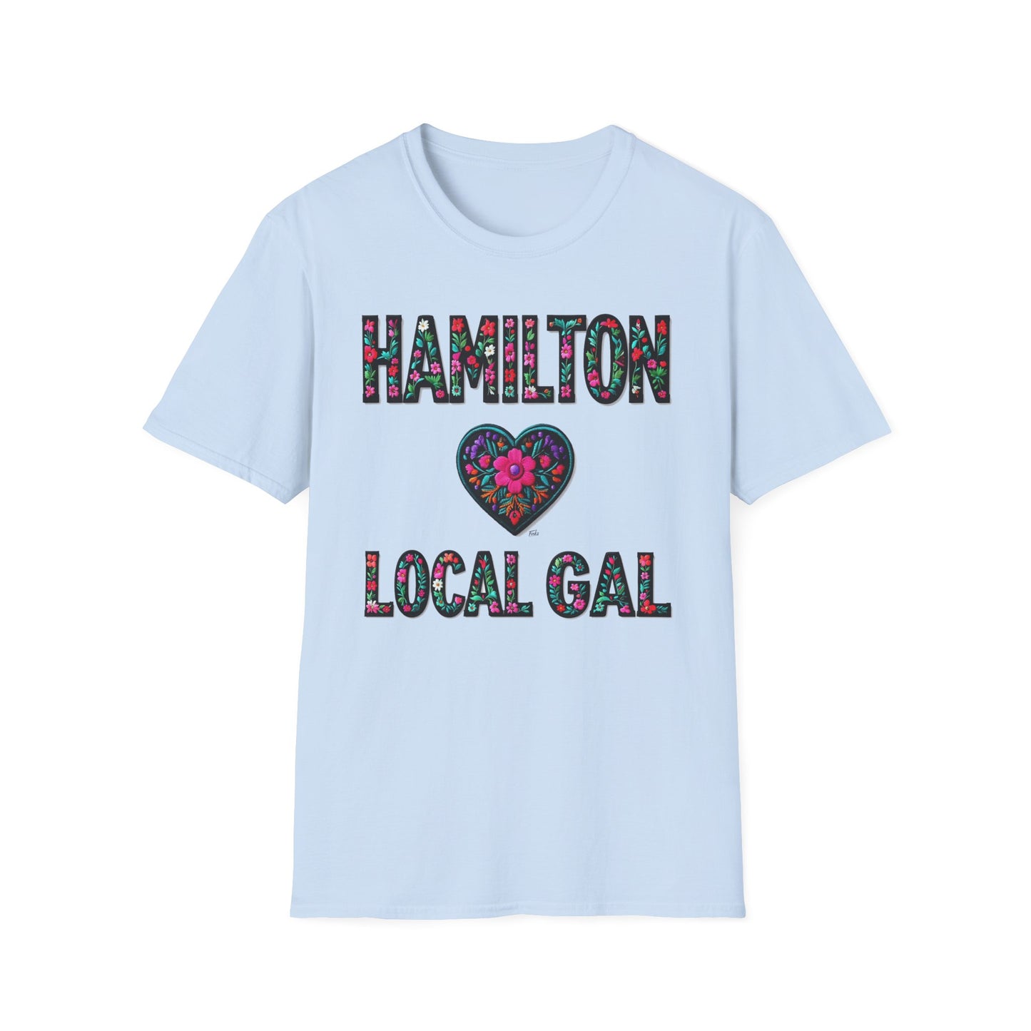 Hamilton Local Gal Flower-Heart T-Shirt, c04-n00-s005 Softstyle Graphic Tee, Unisex Casual Wear, Support Local Merch, Gift for Community Lovers, Finkz WINDSOR