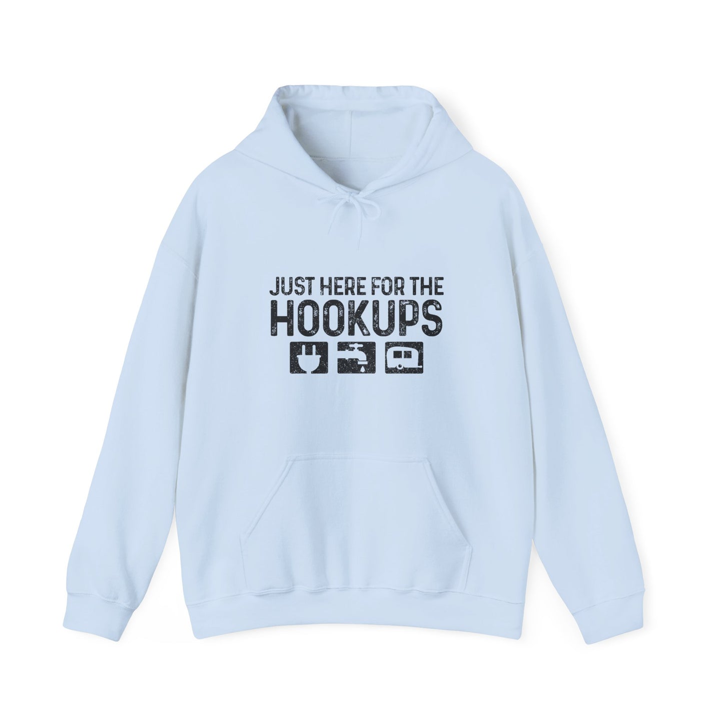 Here For The Hookups Hoodie | HappyCamperCrew.Com 100% Authentic | Cozy Camping Hoodie | Unisex Hooded Sweatshirt for Nature Lovers, Casual Wear, Gift for Him/Her, Outdoor Adventures, Cozy Days & Warm Nights by the Campfire