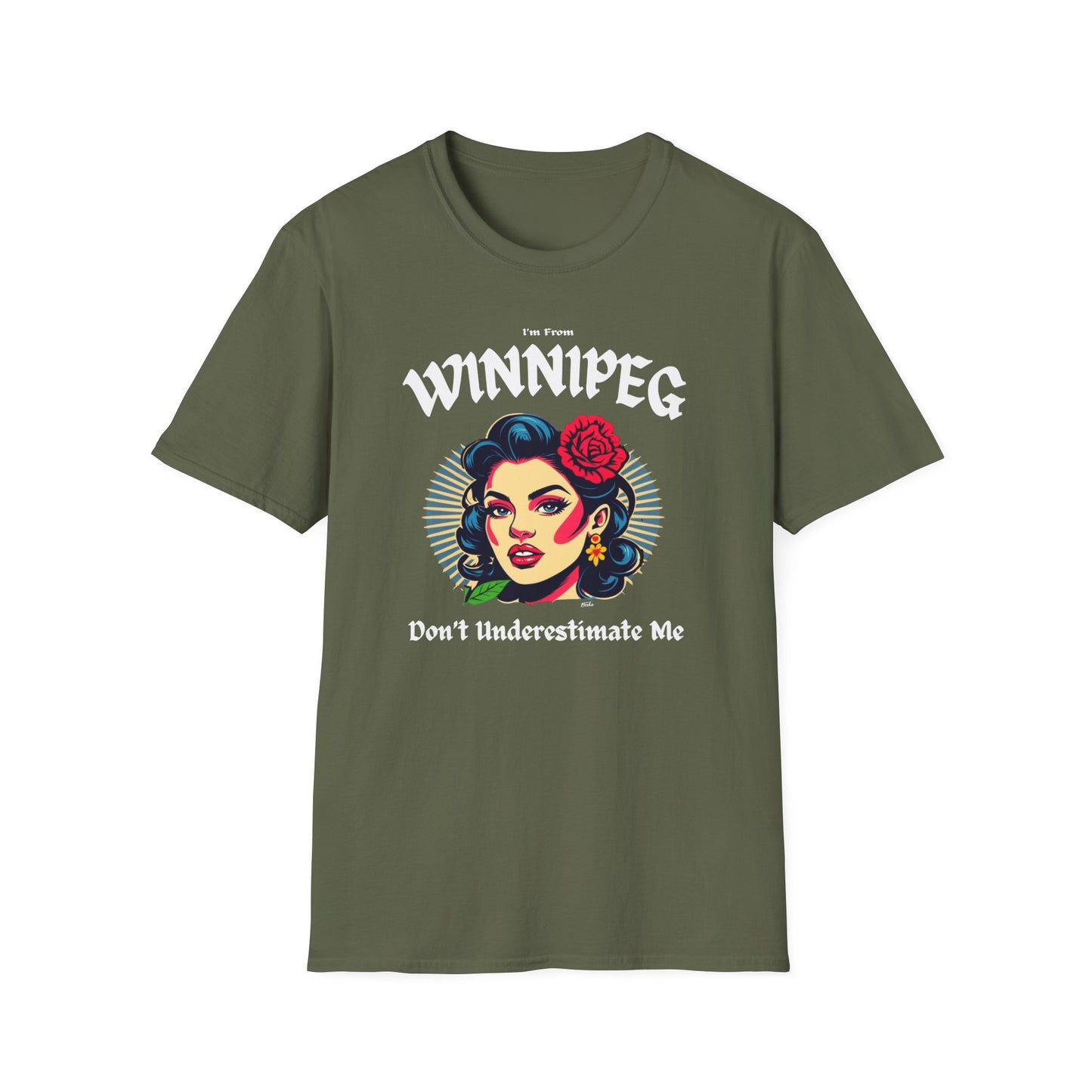 Winnipeg Underestimate Gal T-Shirt, c009-n00-s001 Softstyle Graphic Tee, Unisex Casual Wear, Support'n Locals Merch, Gift for Community Lovers.